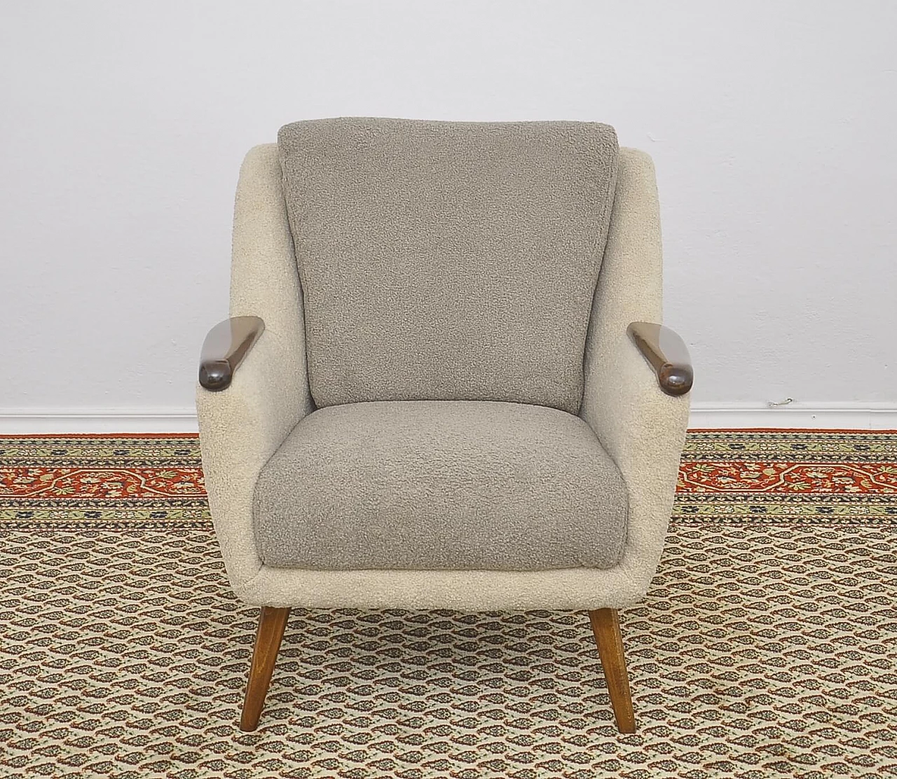 Beech and gray and beige bouclé fabric armchair, 1960s 2