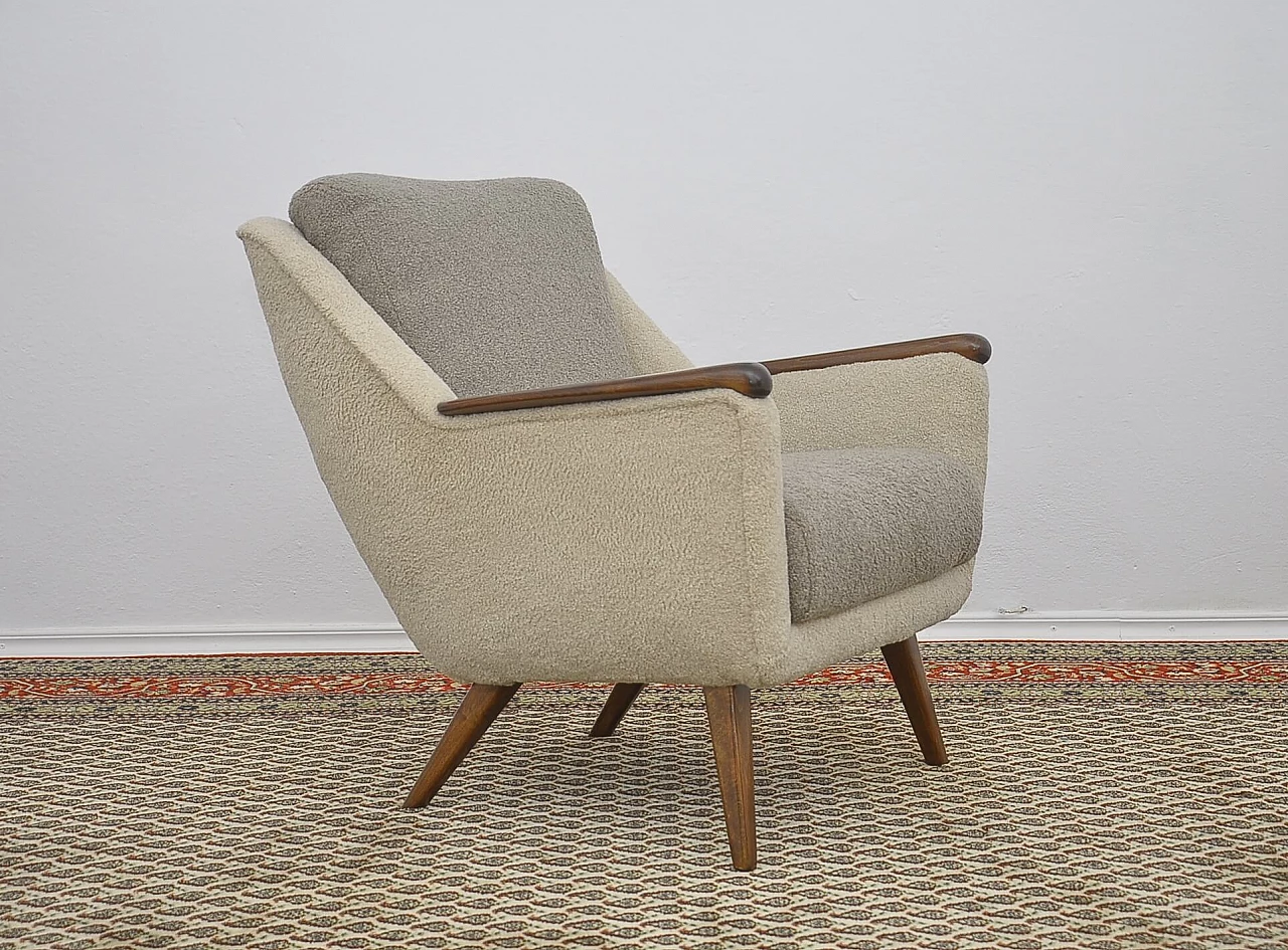 Beech and gray and beige bouclé fabric armchair, 1960s 3