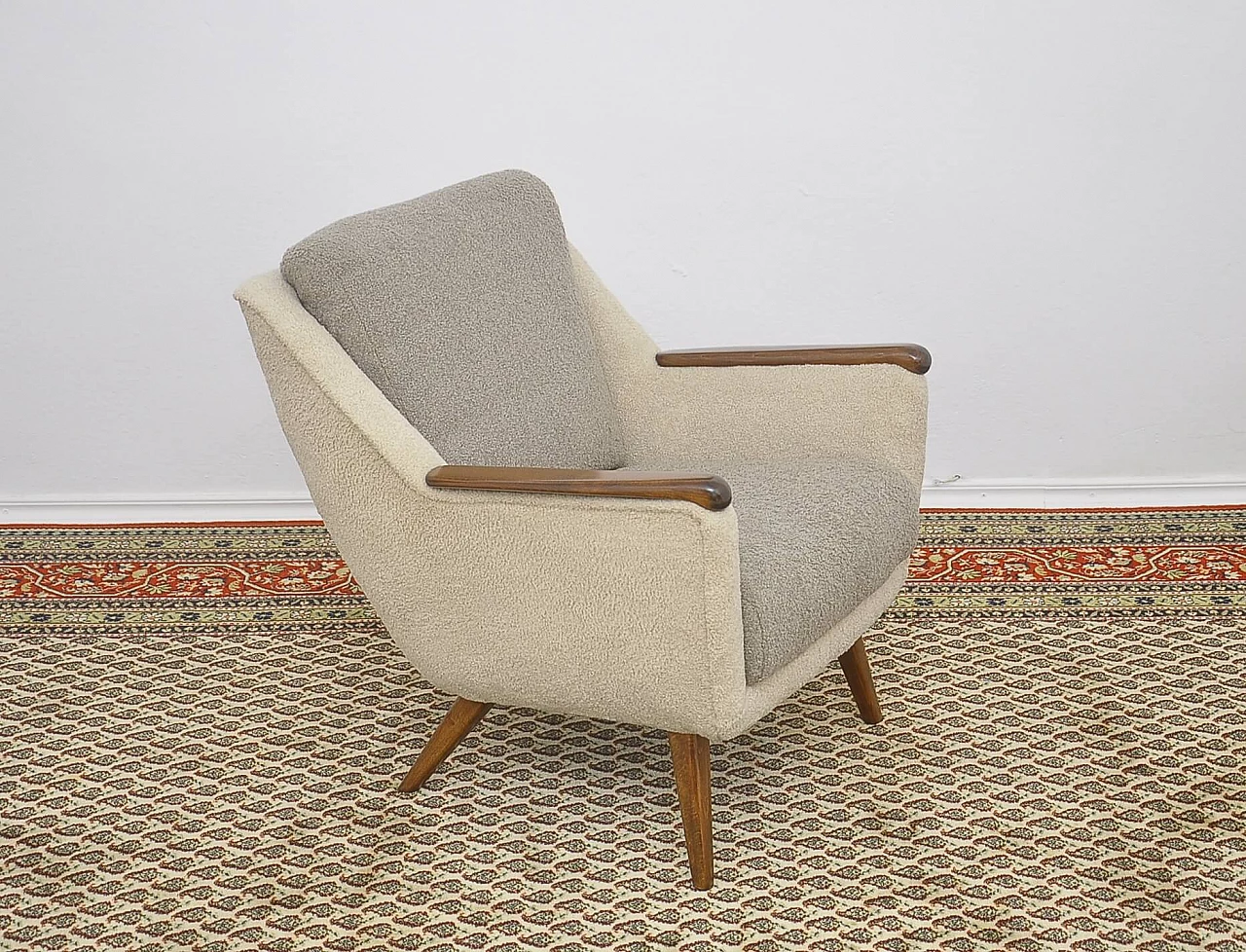 Beech and gray and beige bouclé fabric armchair, 1960s 4