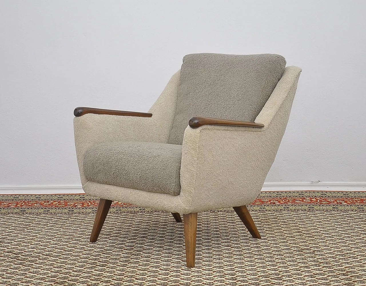 Beech and gray and beige bouclé fabric armchair, 1960s 5