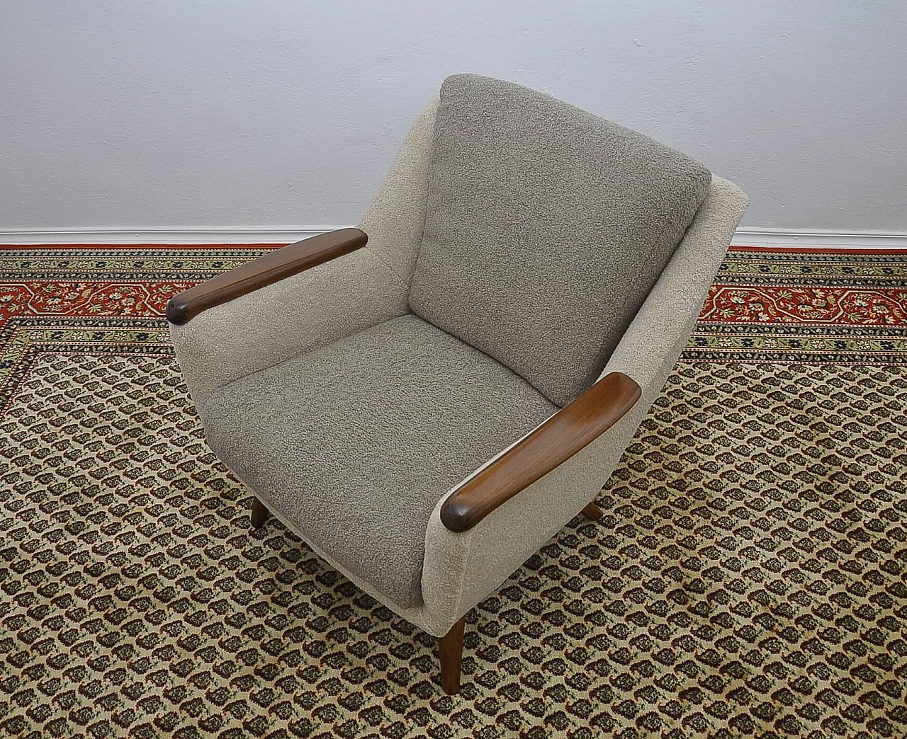 Beech and gray and beige bouclé fabric armchair, 1960s 6