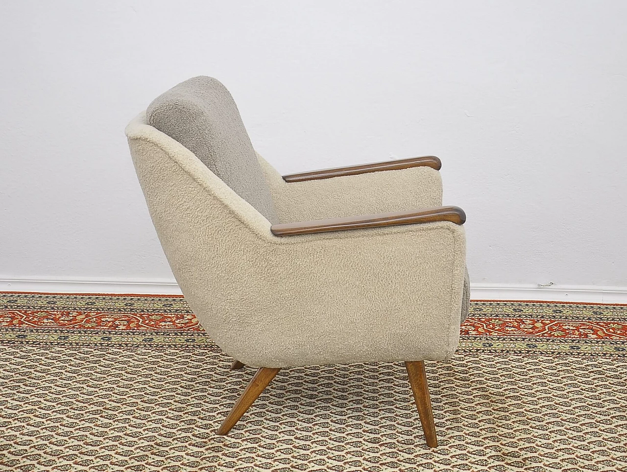 Beech and gray and beige bouclé fabric armchair, 1960s 11