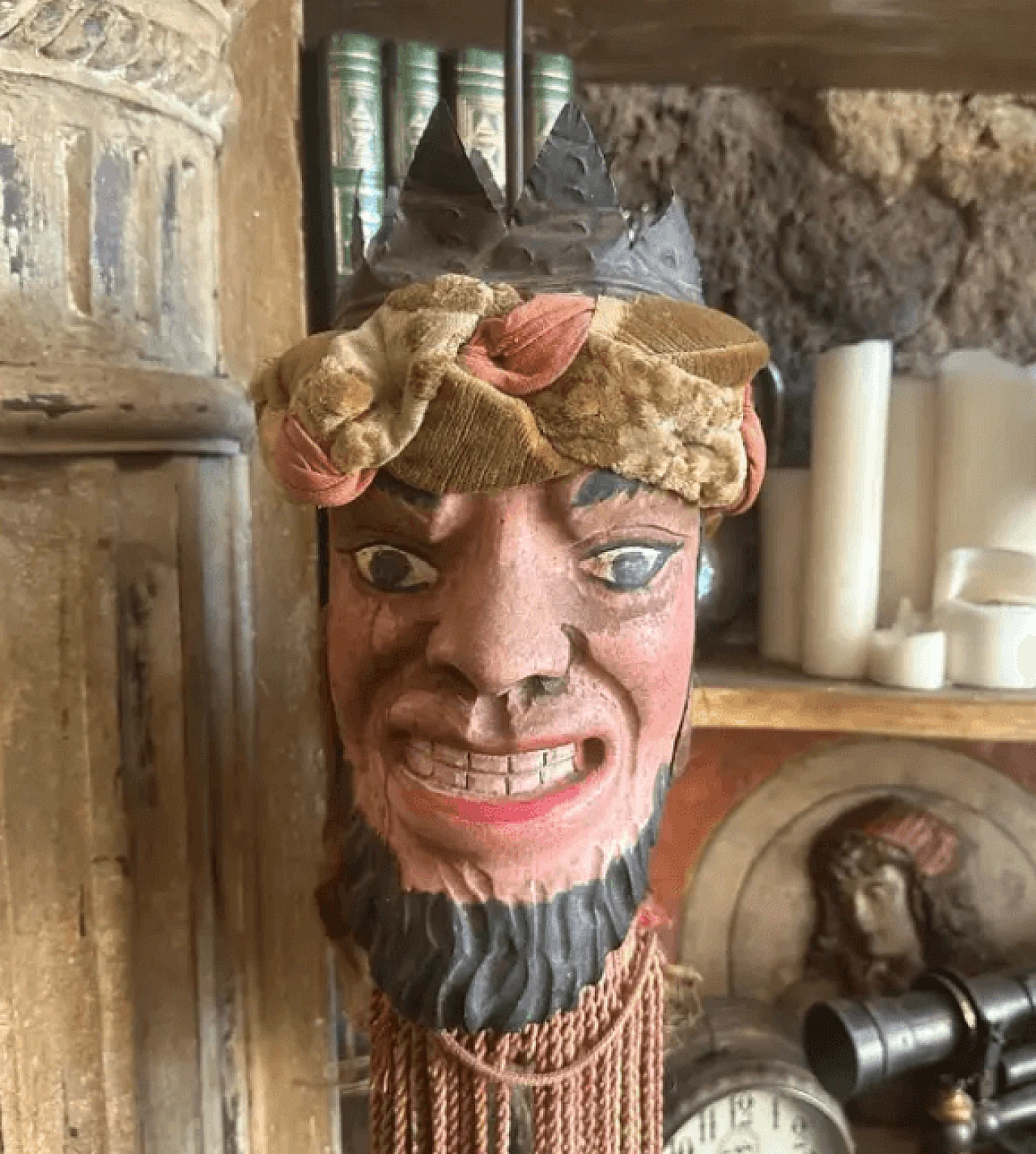 Hand-carved Sicilian Saracen wooden marionette head, late 19th century 2