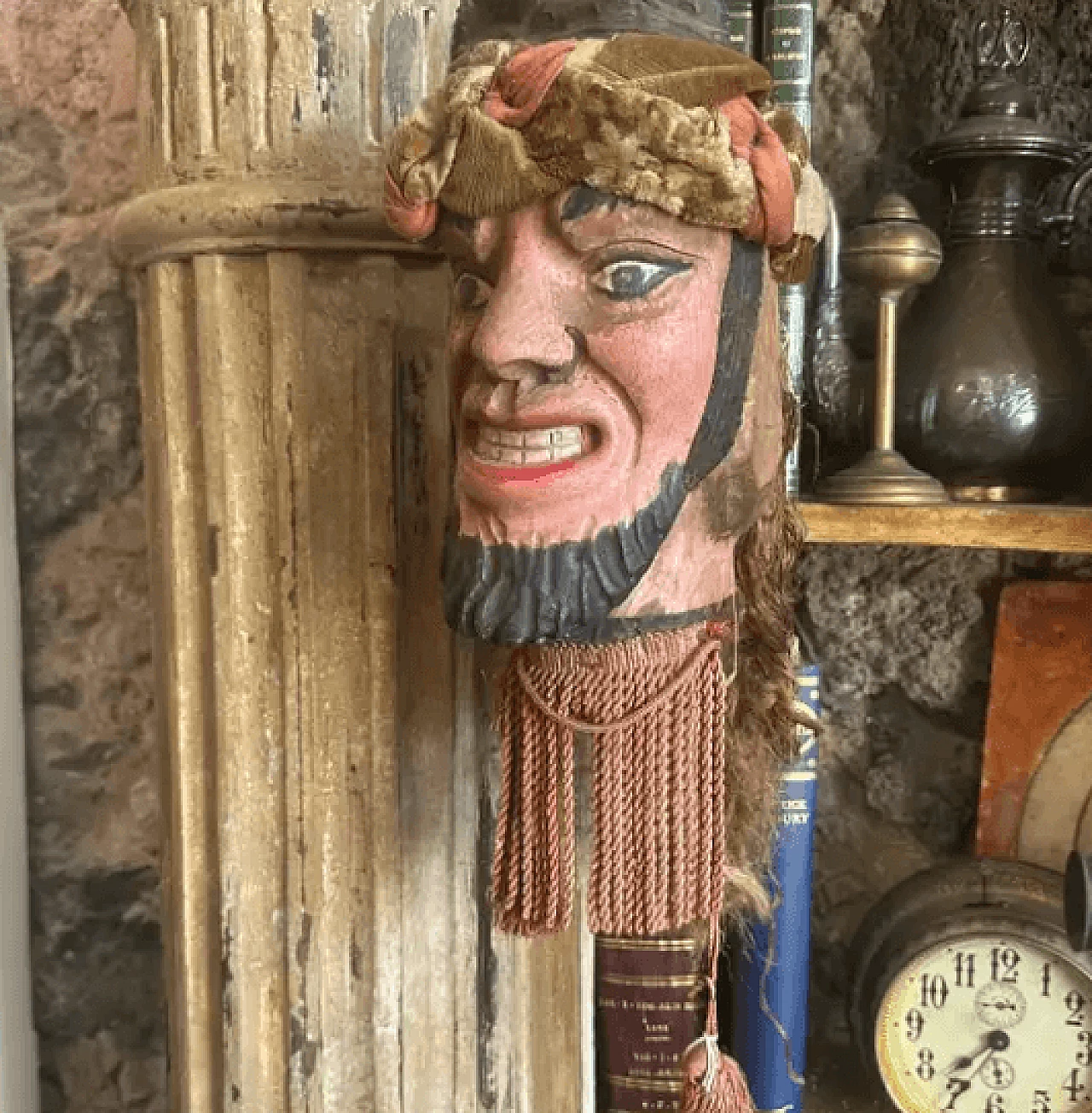 Hand-carved Sicilian Saracen wooden marionette head, late 19th century 3