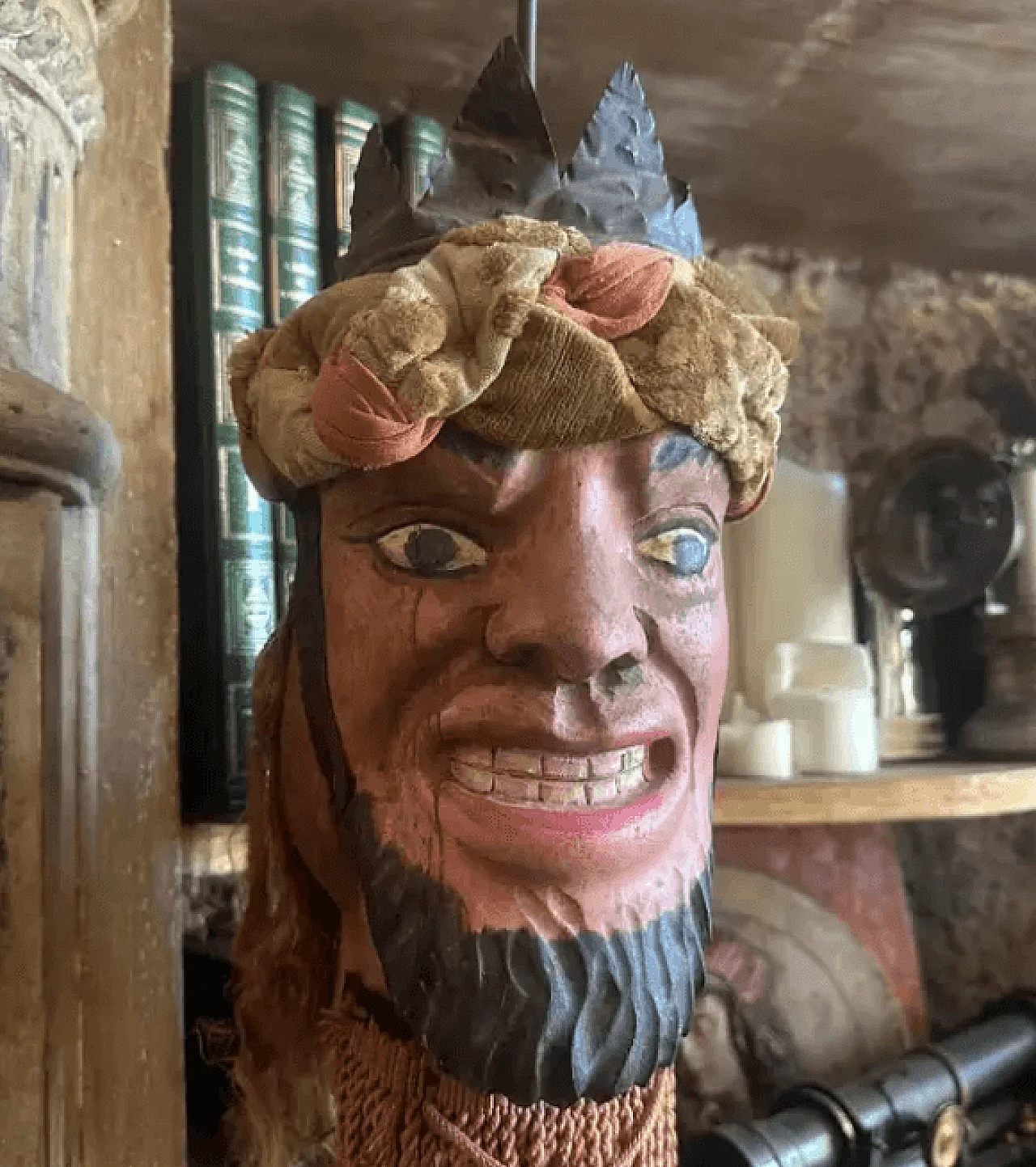 Hand-carved Sicilian Saracen wooden marionette head, late 19th century 5