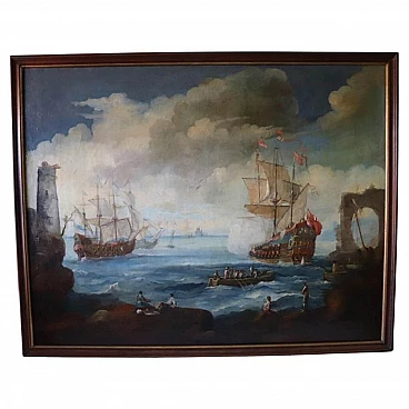 Coastal scene with galleons, oil on canvas, 18th century