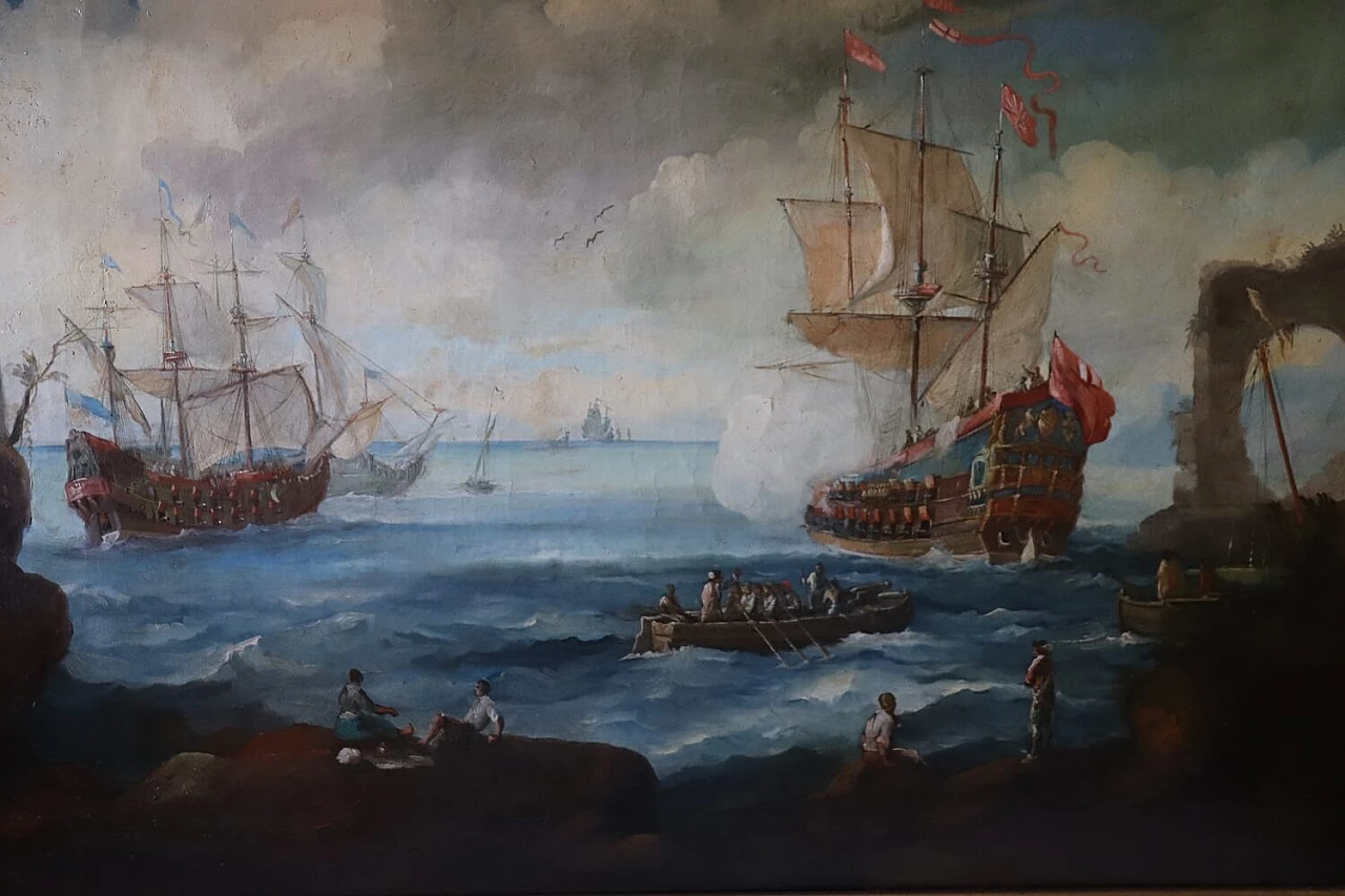 Coastal scene with galleons, oil on canvas, 18th century 3