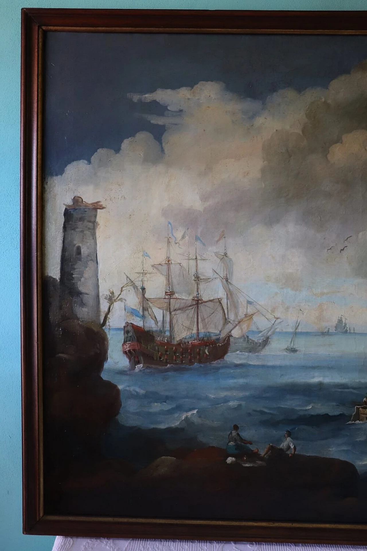 Coastal scene with galleons, oil on canvas, 18th century 5