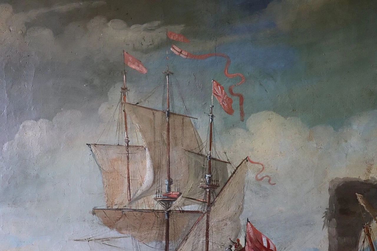 Coastal scene with galleons, oil on canvas, 18th century 8