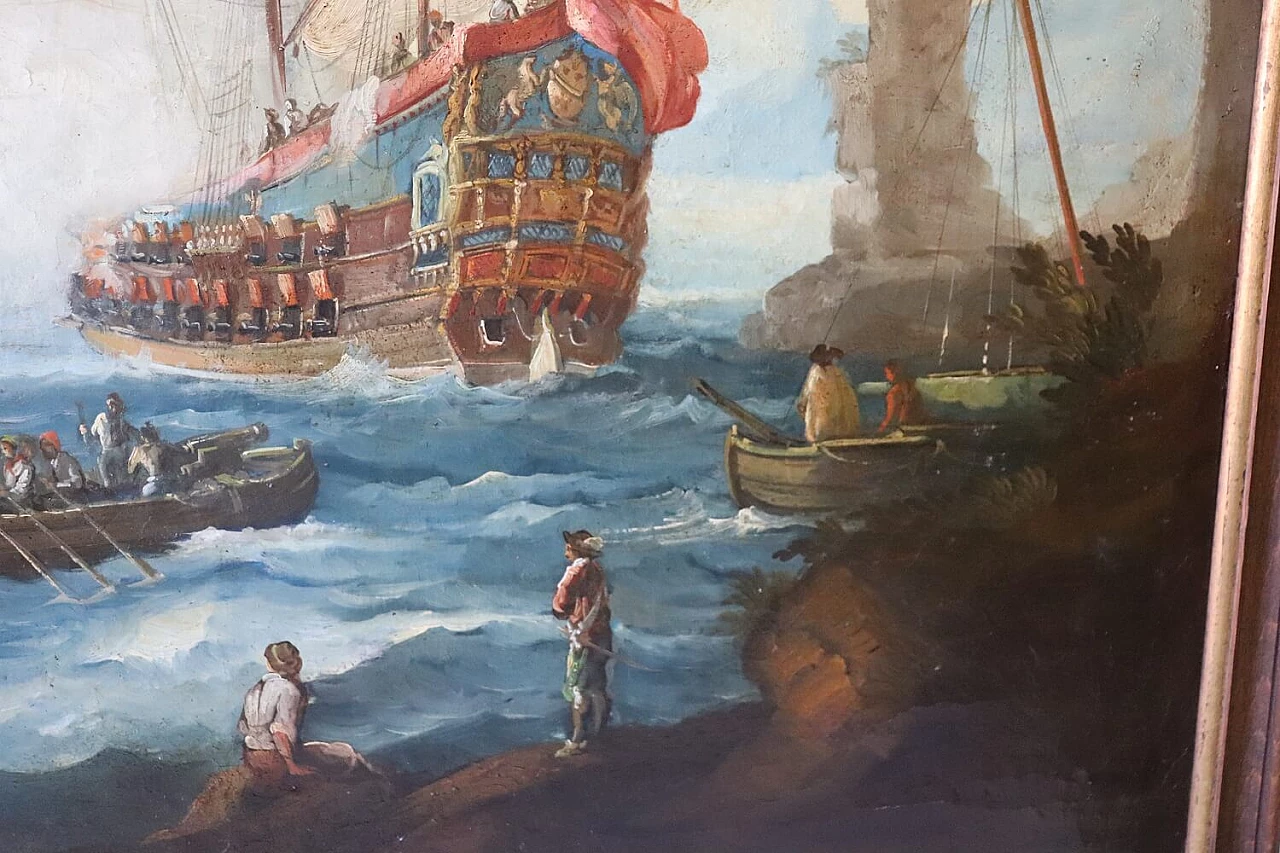 Coastal scene with galleons, oil on canvas, 18th century 9