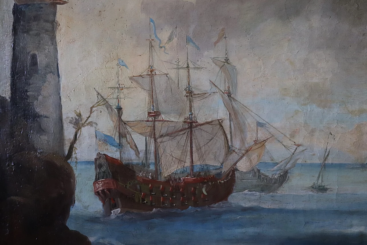 Coastal scene with galleons, oil on canvas, 18th century 12
