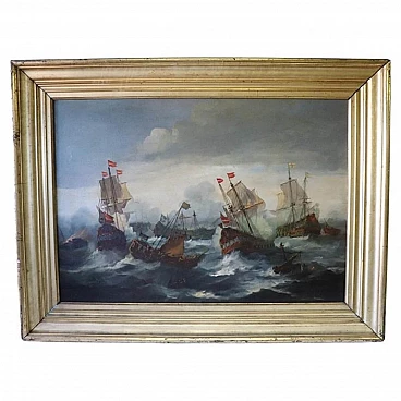 Battle among galleons, oil painting on canvas, early 19th century