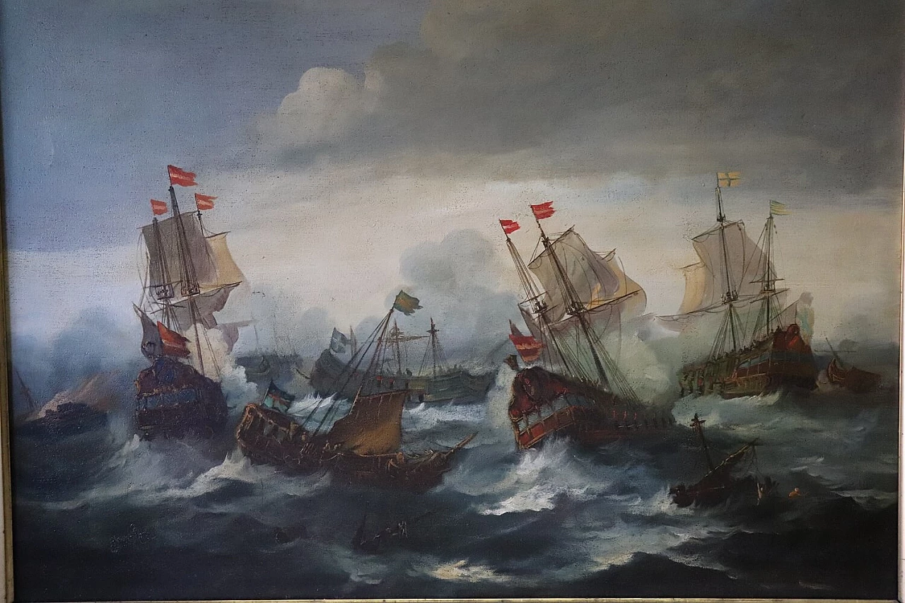 Battaglia tra galeoni, dipinto a olio su tela, inizio '800 2
