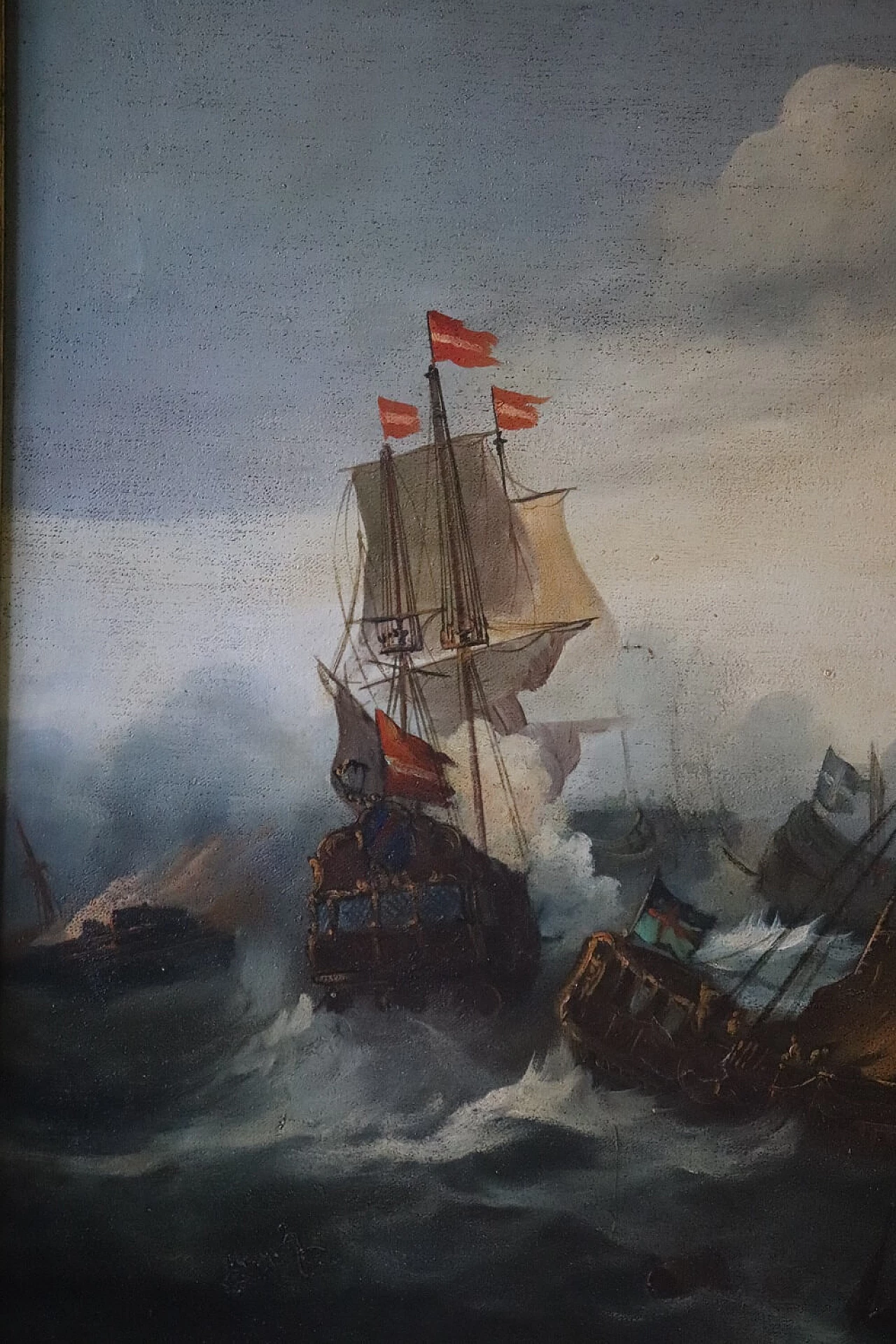 Battaglia tra galeoni, dipinto a olio su tela, inizio '800 3