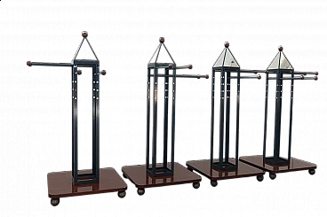 4 Floor coat racks in cherry wood, brass and iron, 1970s