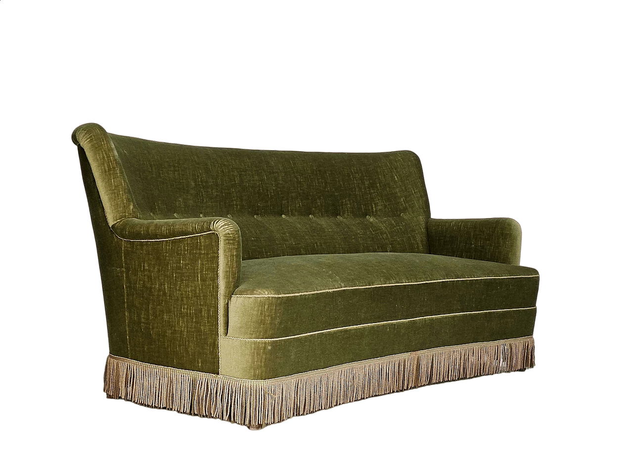 Danish Banana three-seater green velvet sofa with beech legs, 1970s 19