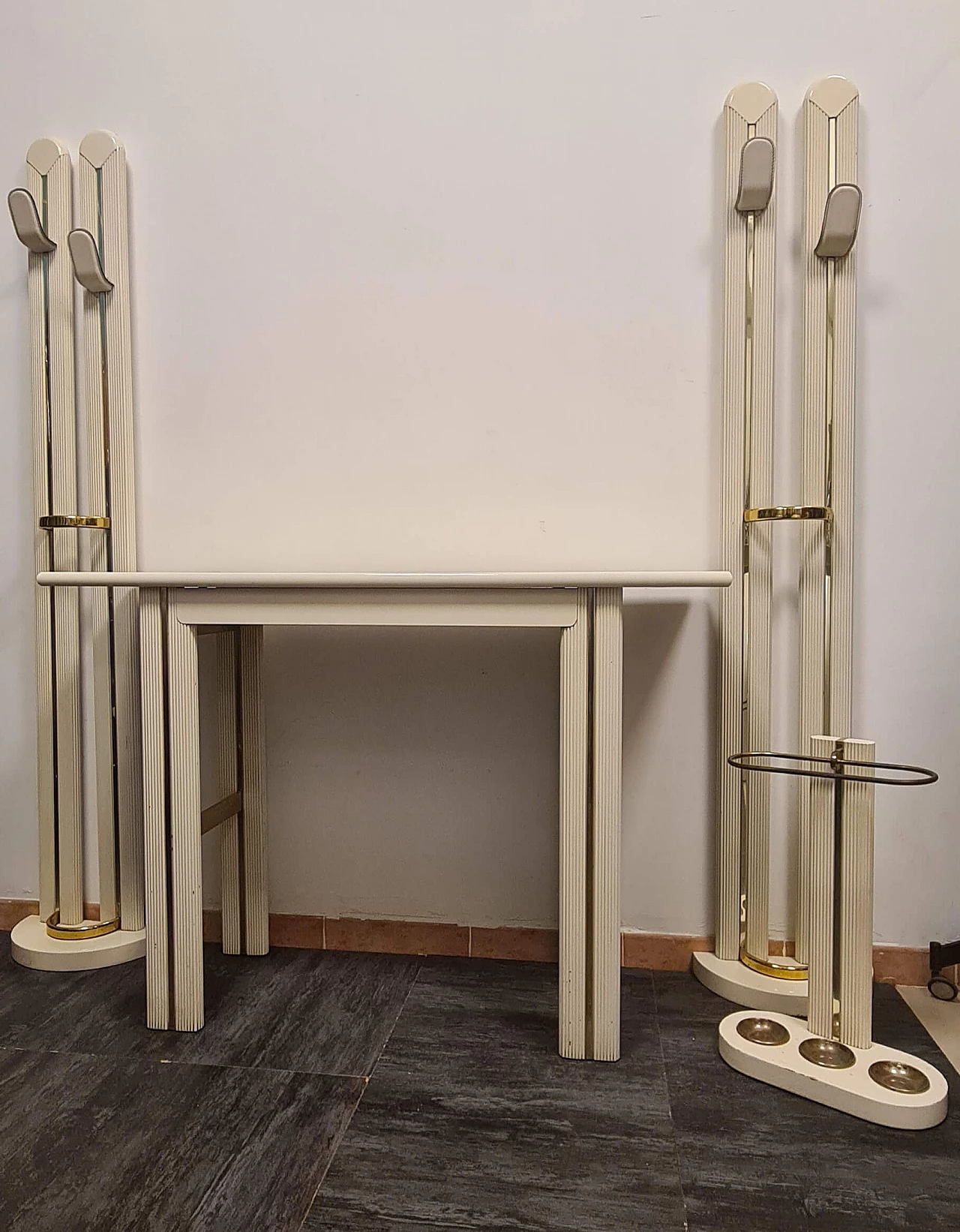 Console table, pair of coat stand and umbrella stand in ivory lacquered wood with brass details, 1980s 1