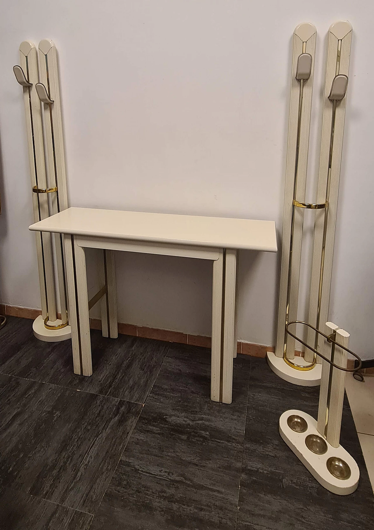 Console table, pair of coat stand and umbrella stand in ivory lacquered wood with brass details, 1980s 2