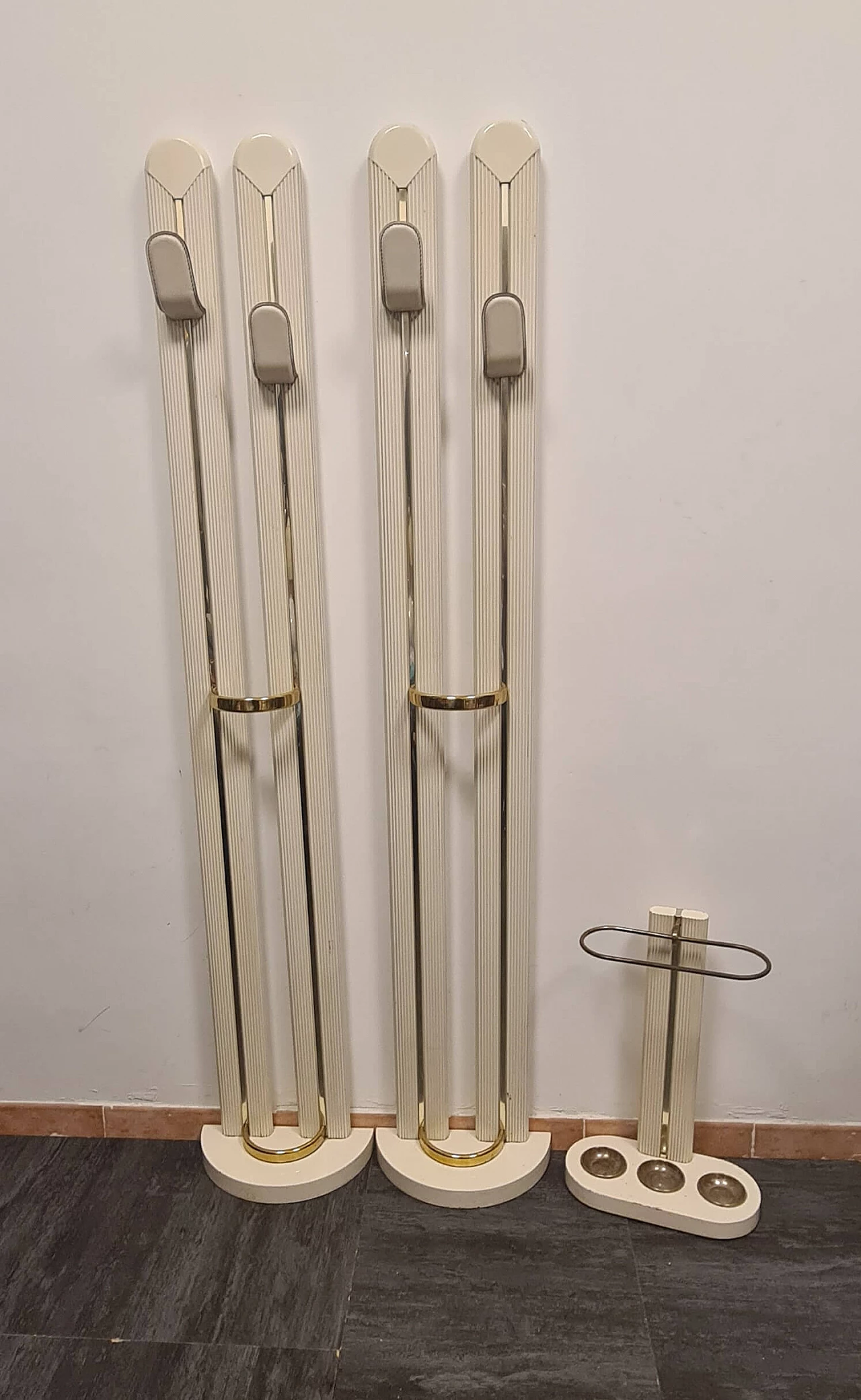 Console table, pair of coat stand and umbrella stand in ivory lacquered wood with brass details, 1980s 3