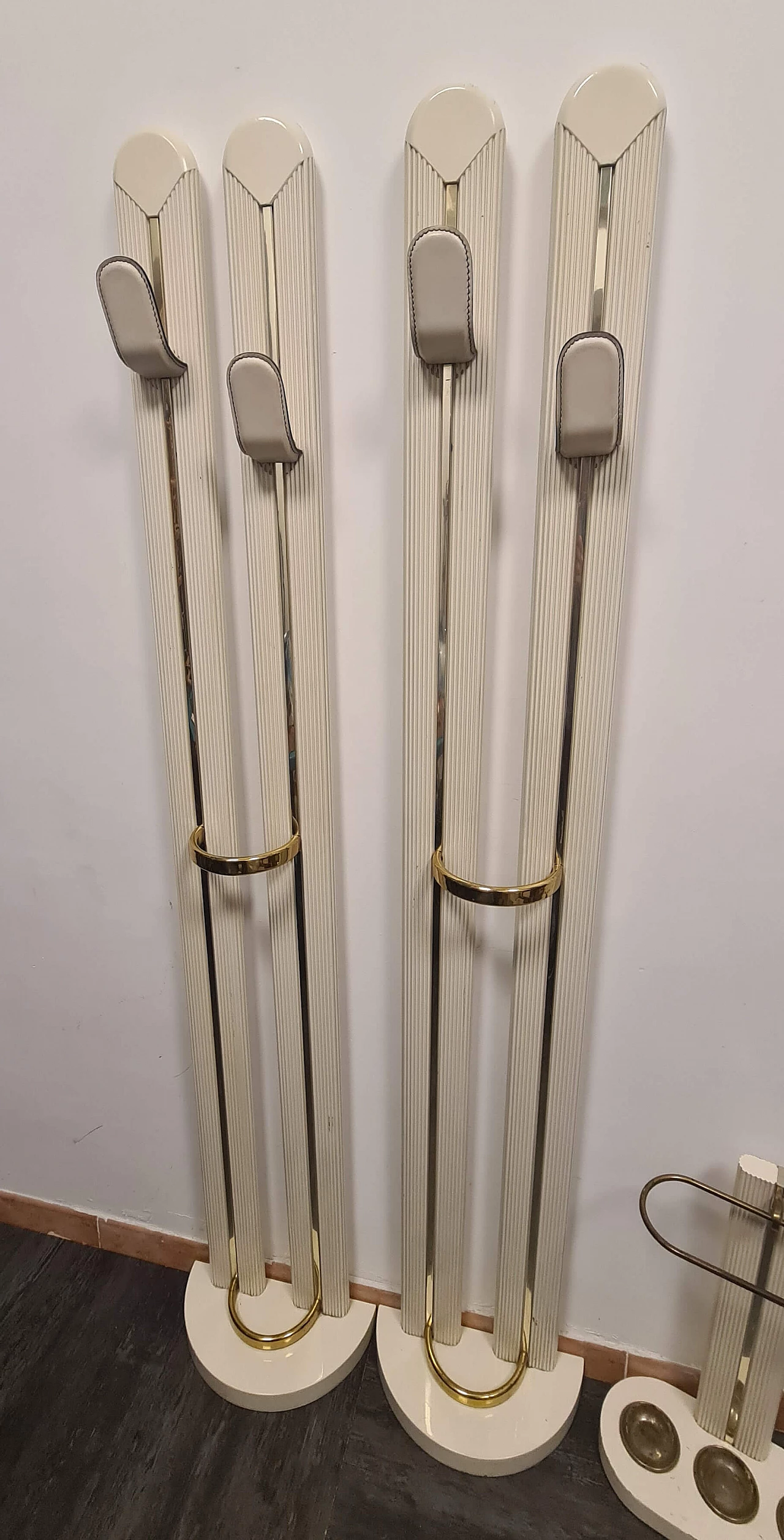 Console table, pair of coat stand and umbrella stand in ivory lacquered wood with brass details, 1980s 4