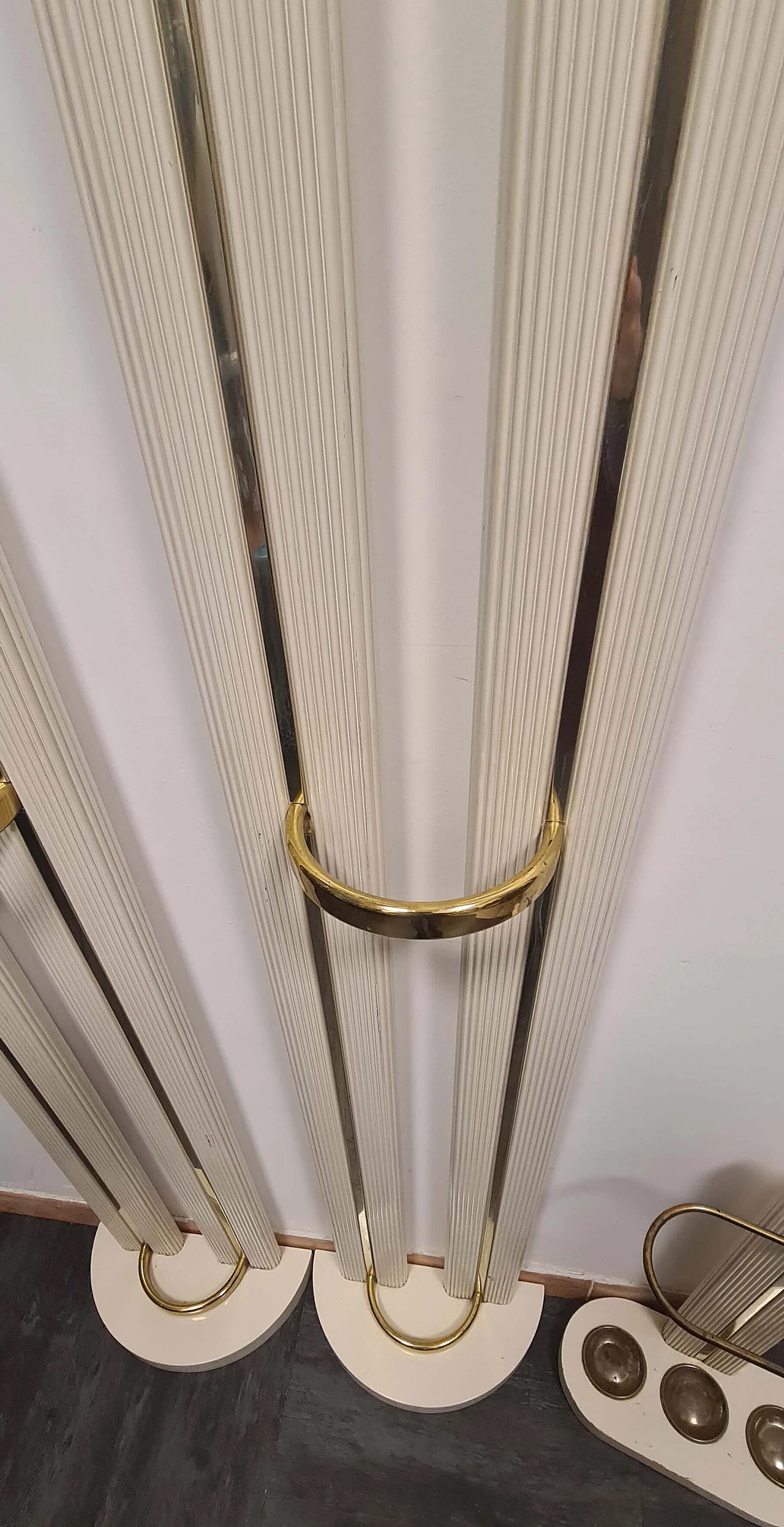 Console table, pair of coat stand and umbrella stand in ivory lacquered wood with brass details, 1980s 6