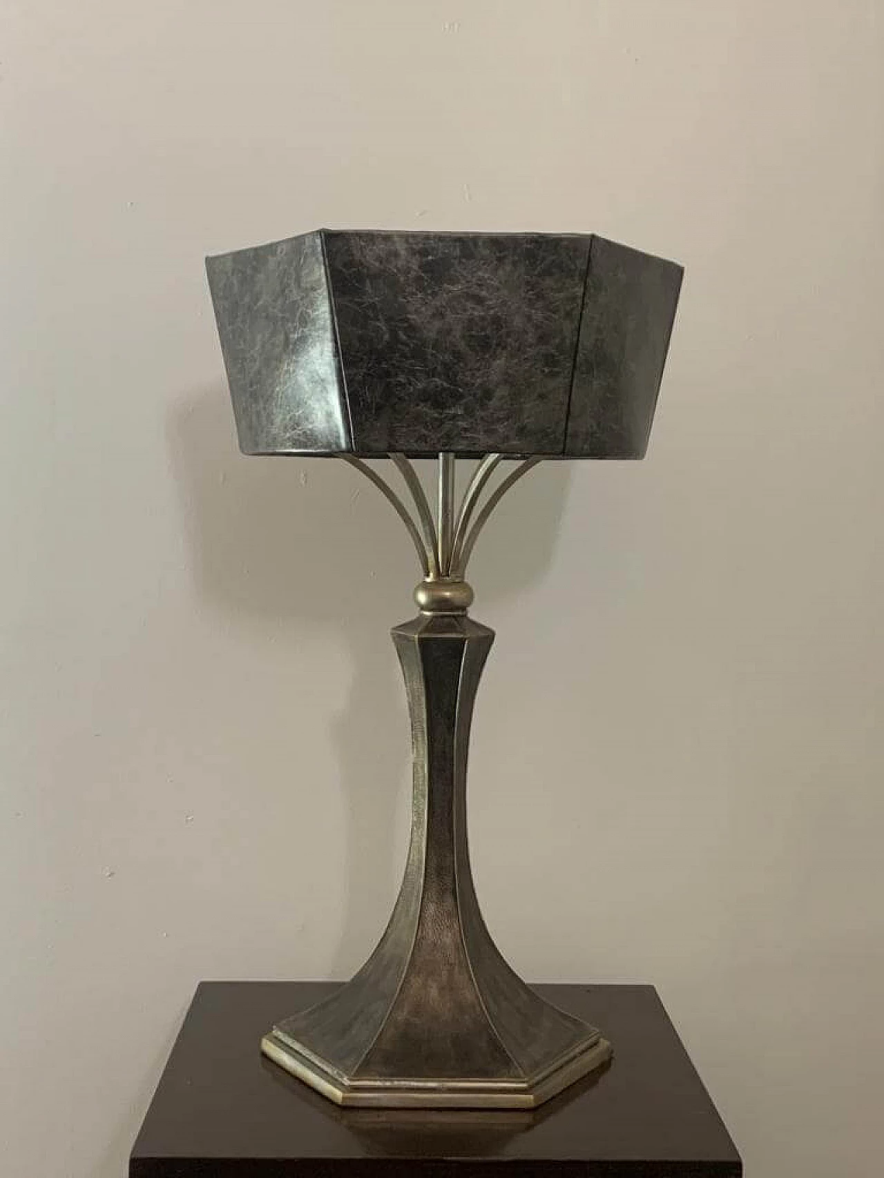 Lampada da tavolo Brutalista in metallo con paralume in similpelle, anni '80 2