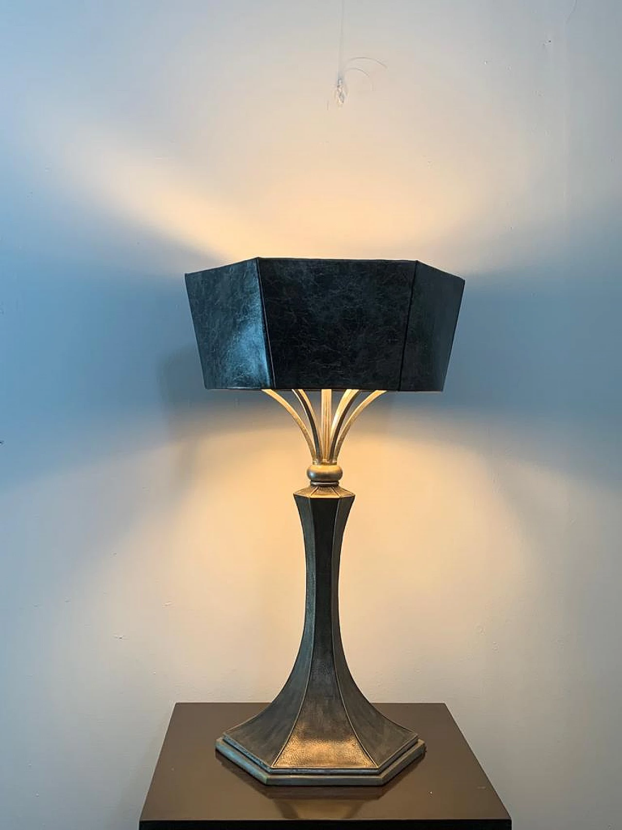 Brutalist metal table lamp with leatherette shade, 1980s 6