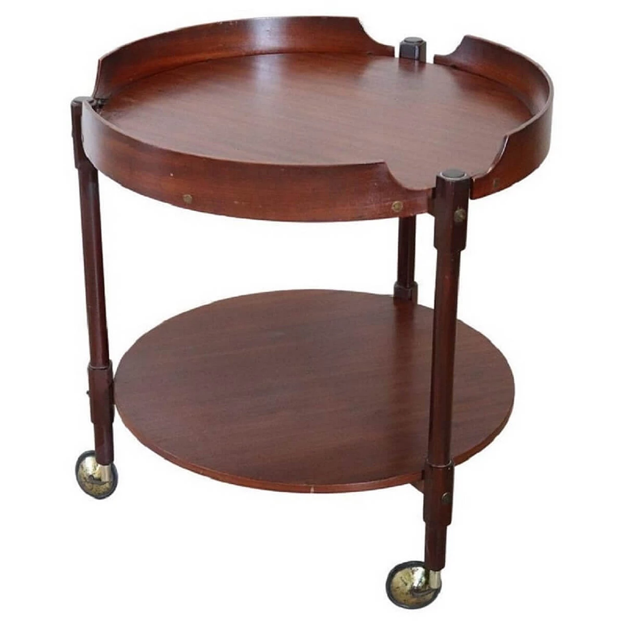 Round teak bar trolley with wheels, 1950s 1