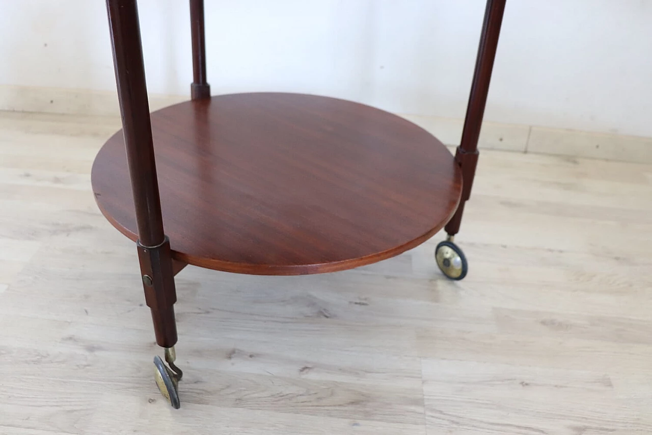 Carrello bar rotondo in teak con ruote, anni ’50 7