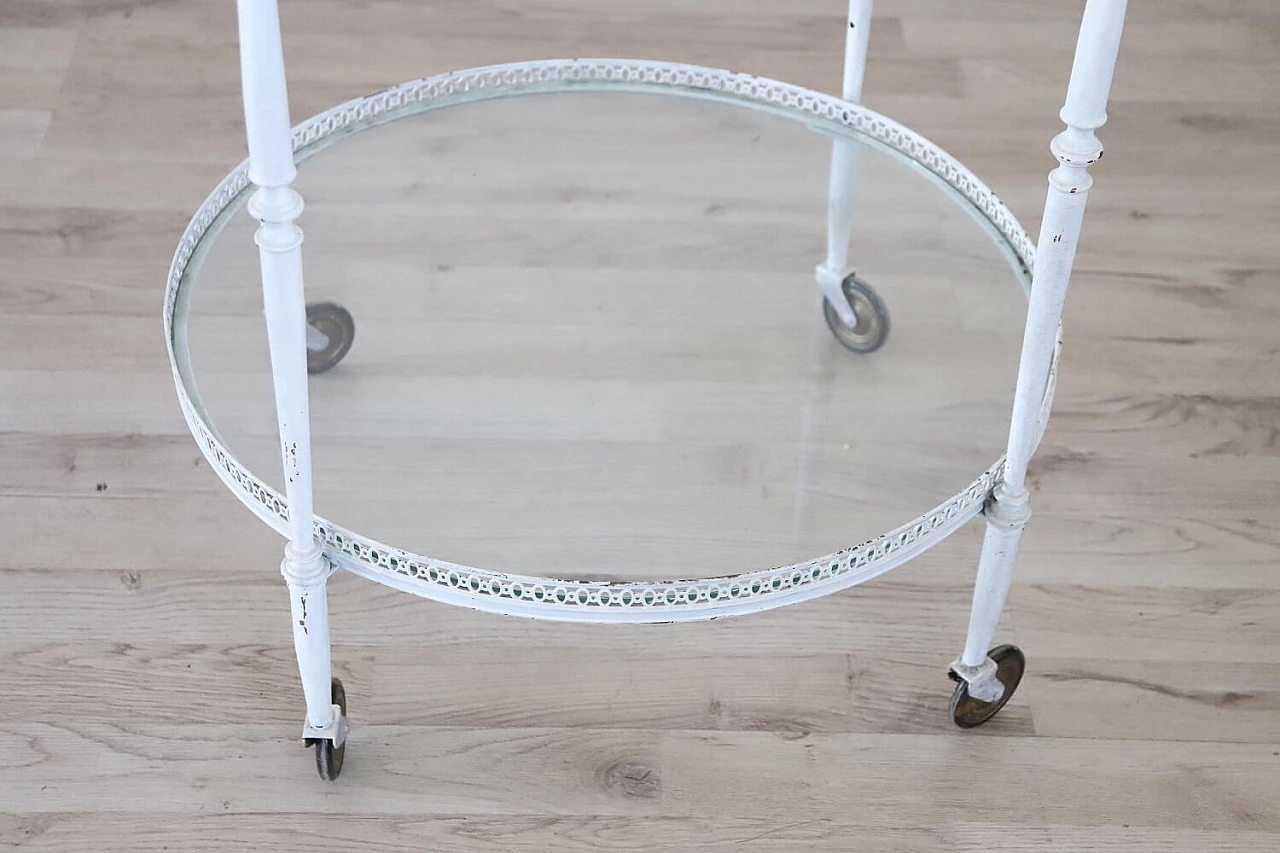 Round white lacquered brass and glass bar cart, 1980s 2