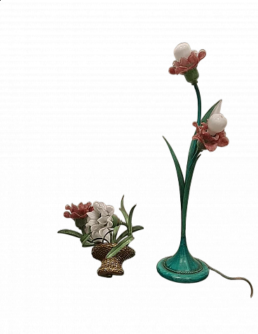 Coppia di lampade con fiori in vetro di Murano, anni '80