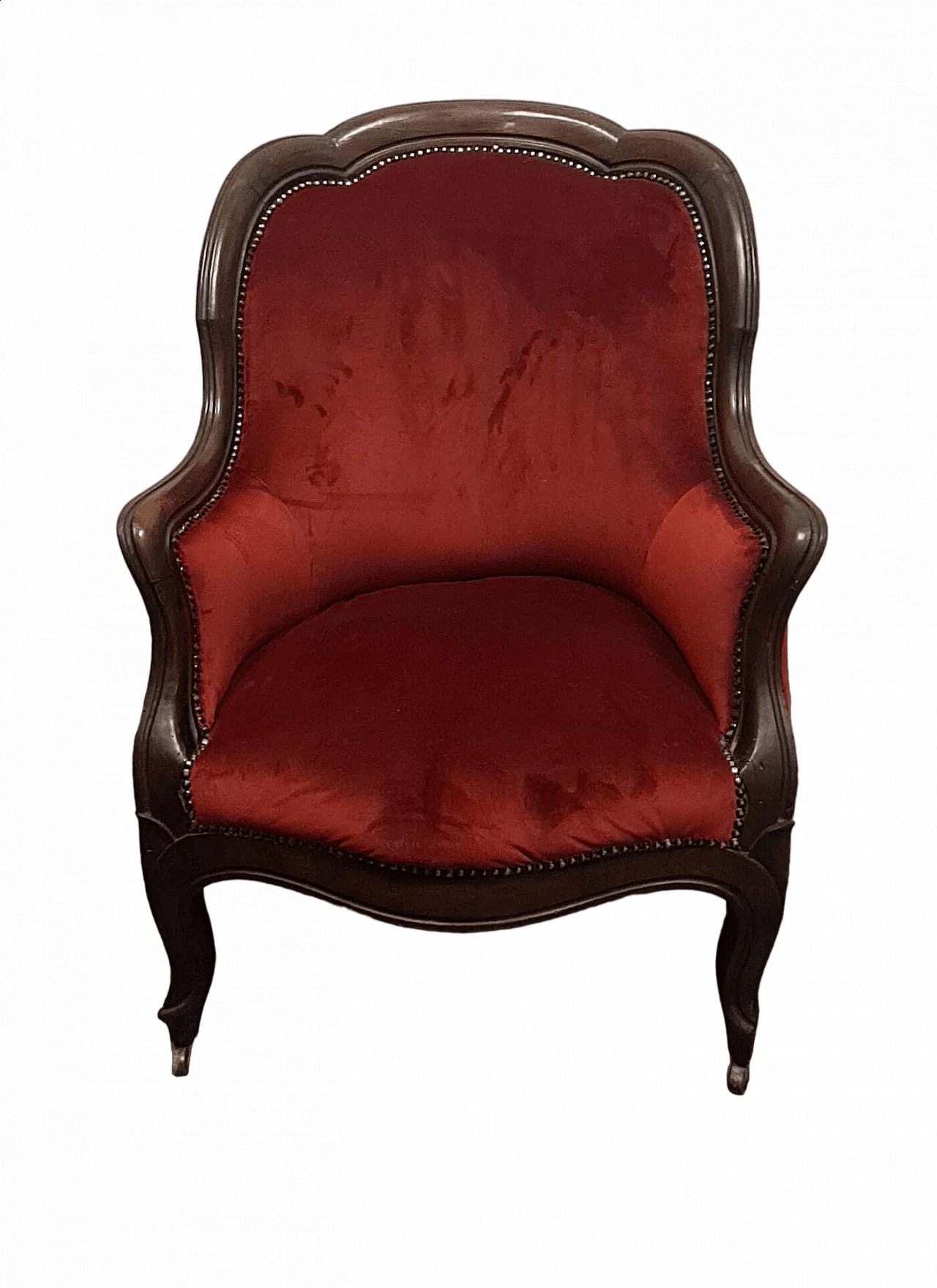 English wood and red fabric armchair with casters, late 18th century 9