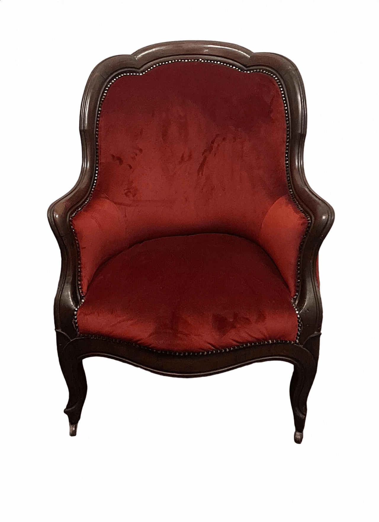 Poltrona inglese con rotelle in legno e tessuto rosso, fine '700 9