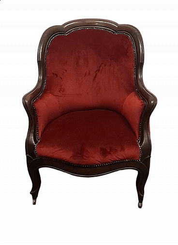 English wood and red fabric armchair with casters, late 18th century