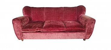 Wood and red velvet sofa, 1950s