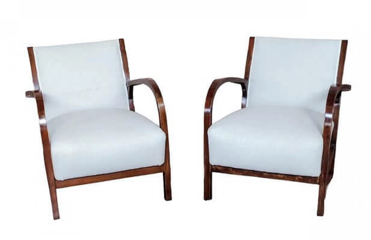 Coppia di poltrone Art Nouveau in faggio e tessuto bianco, fine '800 1