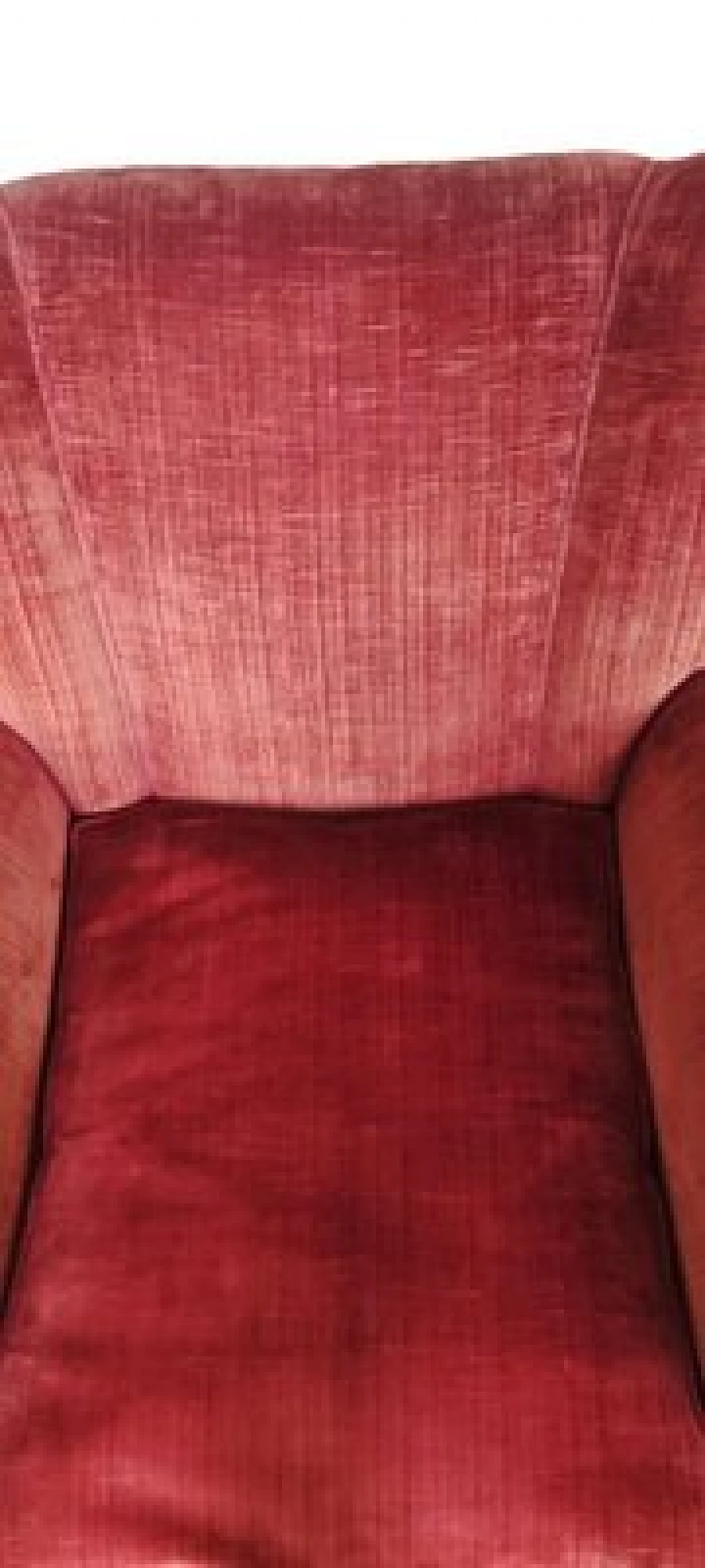 Pair of wood and red velvet armchairs, 1950s 11