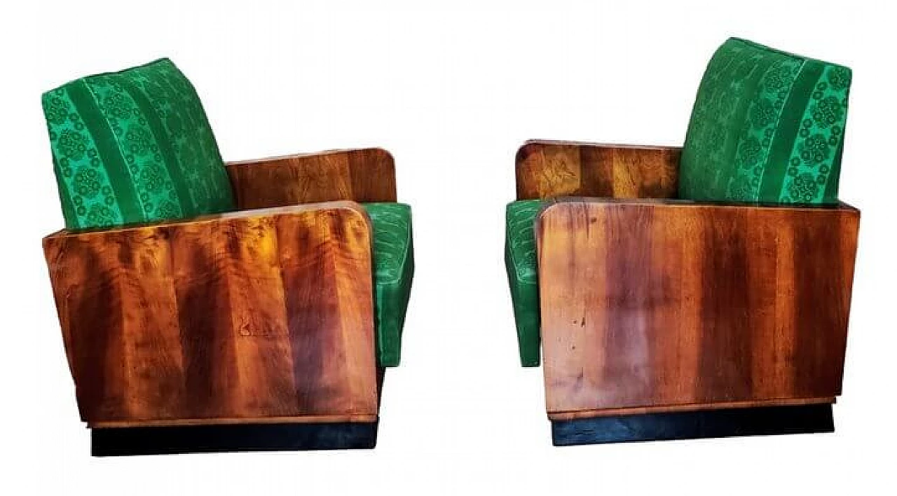Pair of Art Deco wood and green fabric armchairs, 1920s 19