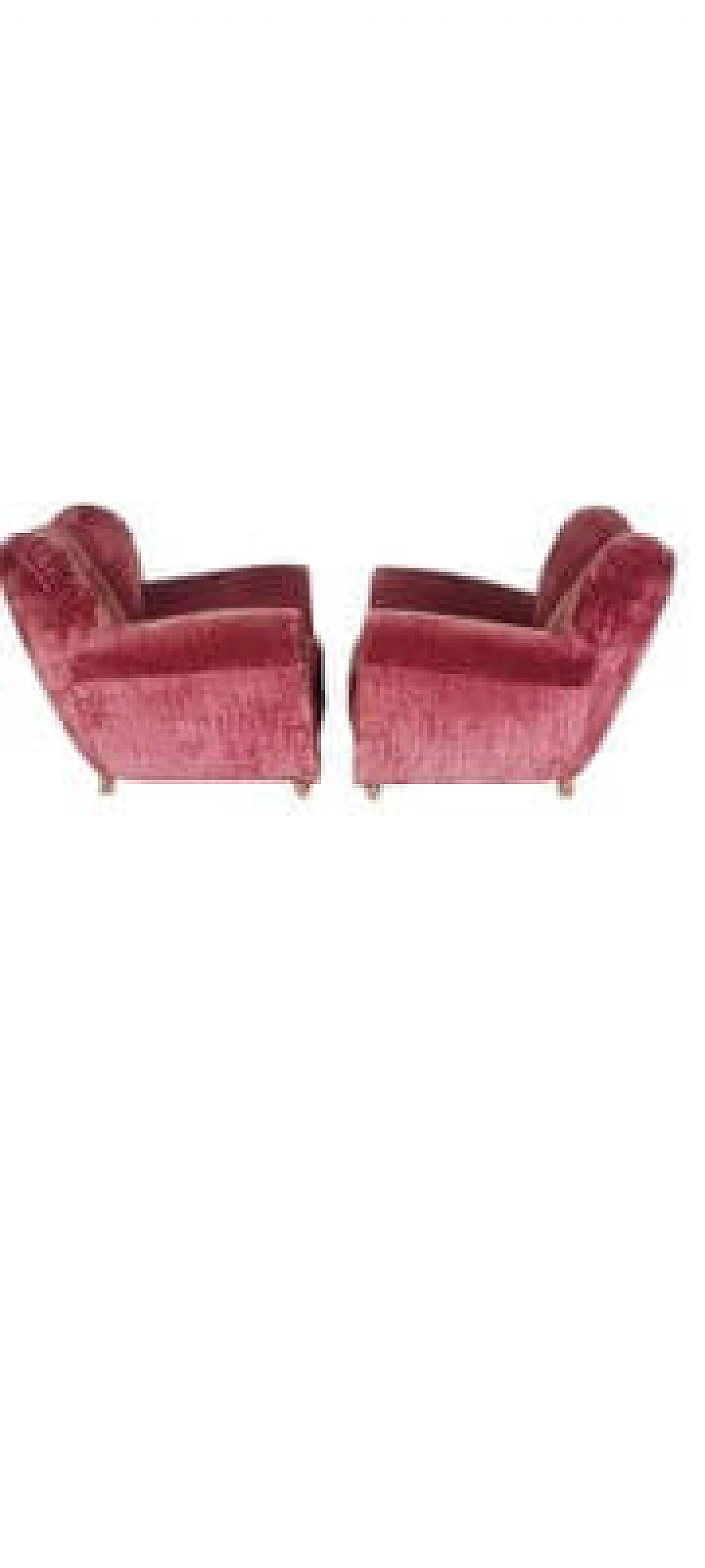 Pair of wood and red velvet armchairs, 1950s 18