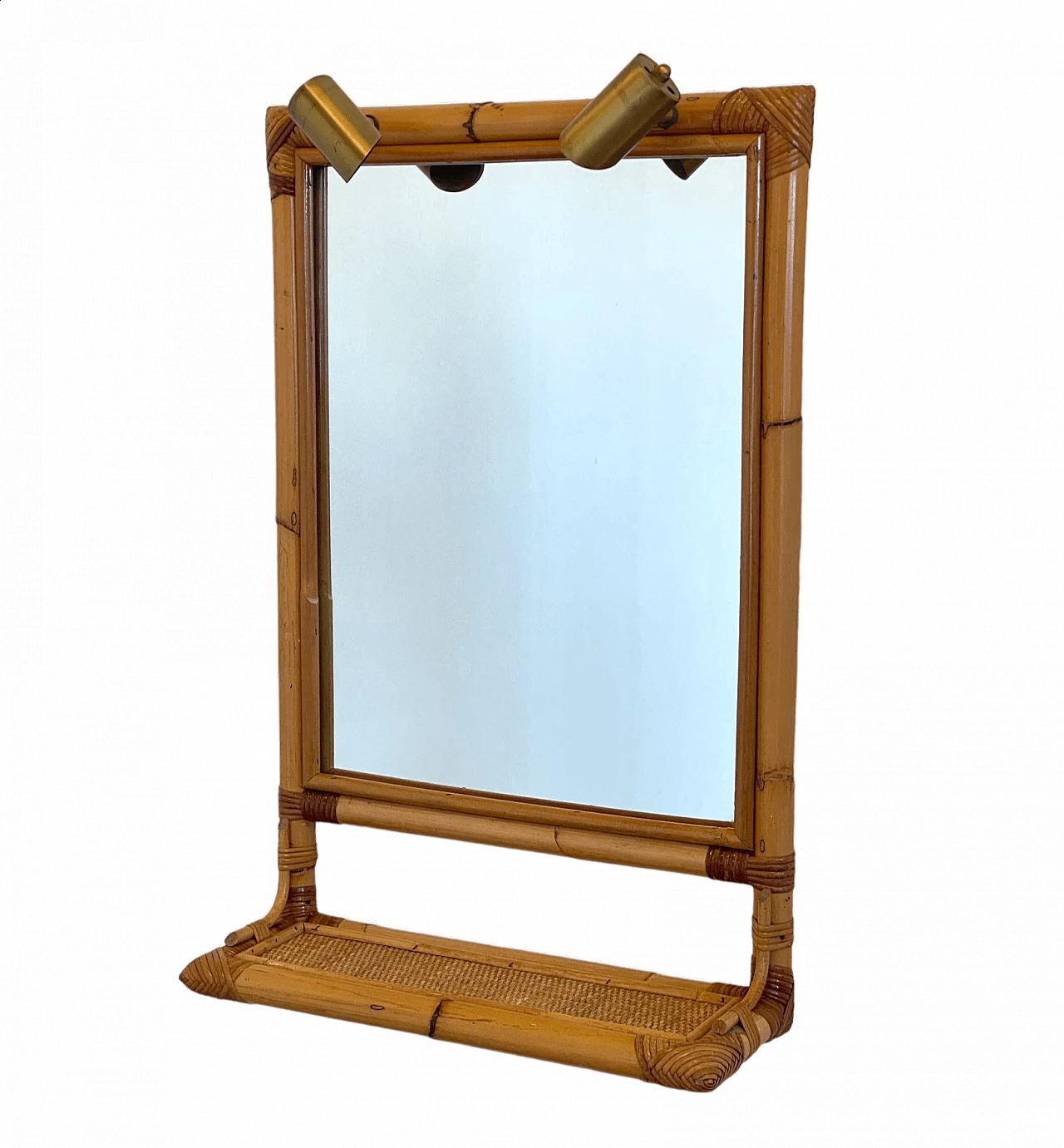 Bamboo mirror with shelf and brass wall lights, 1970s 8