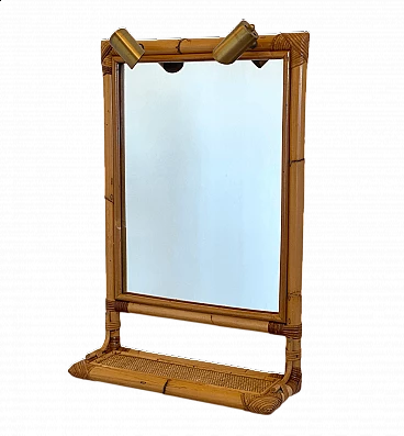 Bamboo mirror with shelf and brass wall lights, 1970s