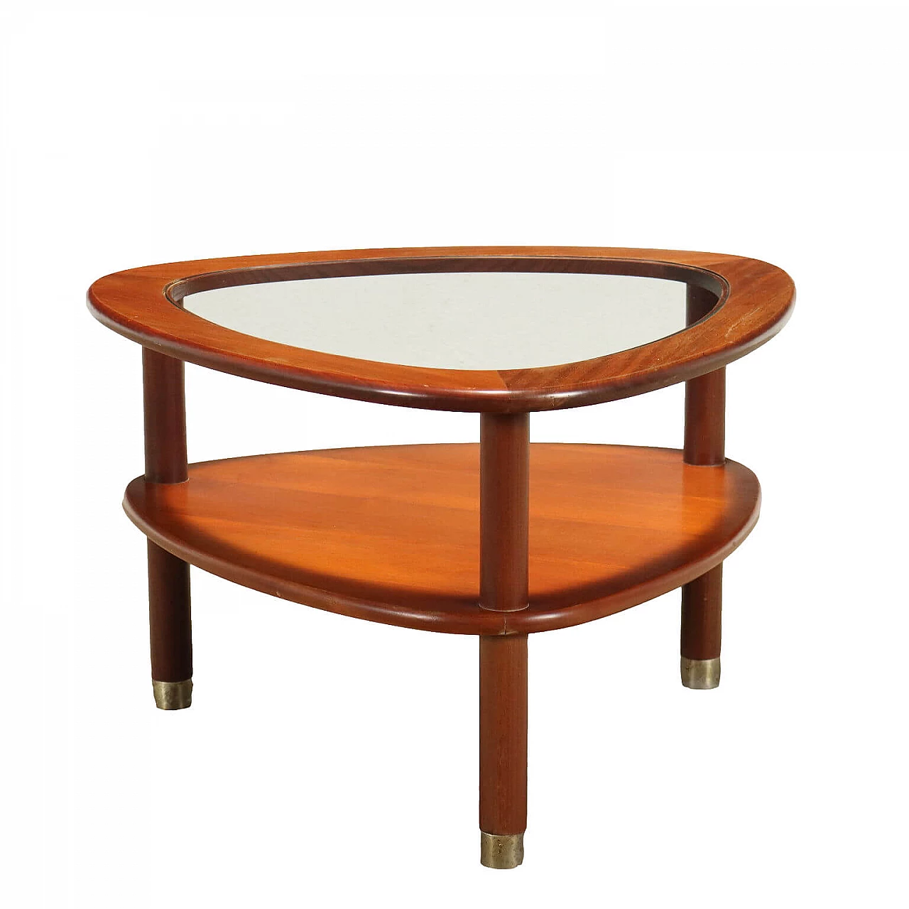 Tavolino in legno impiallacciato teak con terminali in metallo cromato, anni '60 1