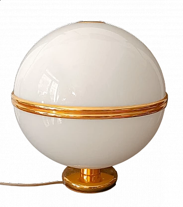 Lampada da tavolo sferica in plastica bianca e dorata, anni '70