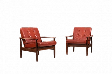 Pair of teak armchairs with leather seats, 1960s