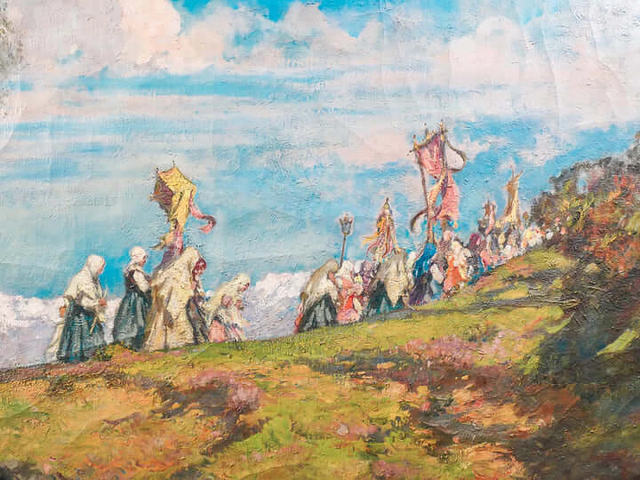 Mario Gachet, Procession in Frassineto Canavese, oil painting on canvas, early 20th century 3