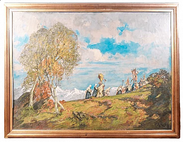 Mario Gachet, Processione a Frassineto Canavese, dipinto a olio su tela, inizio '900