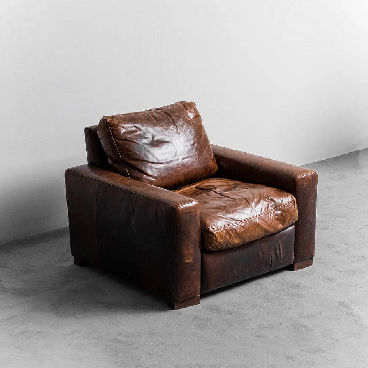 Wood and brown hide armchair, 1990s 1