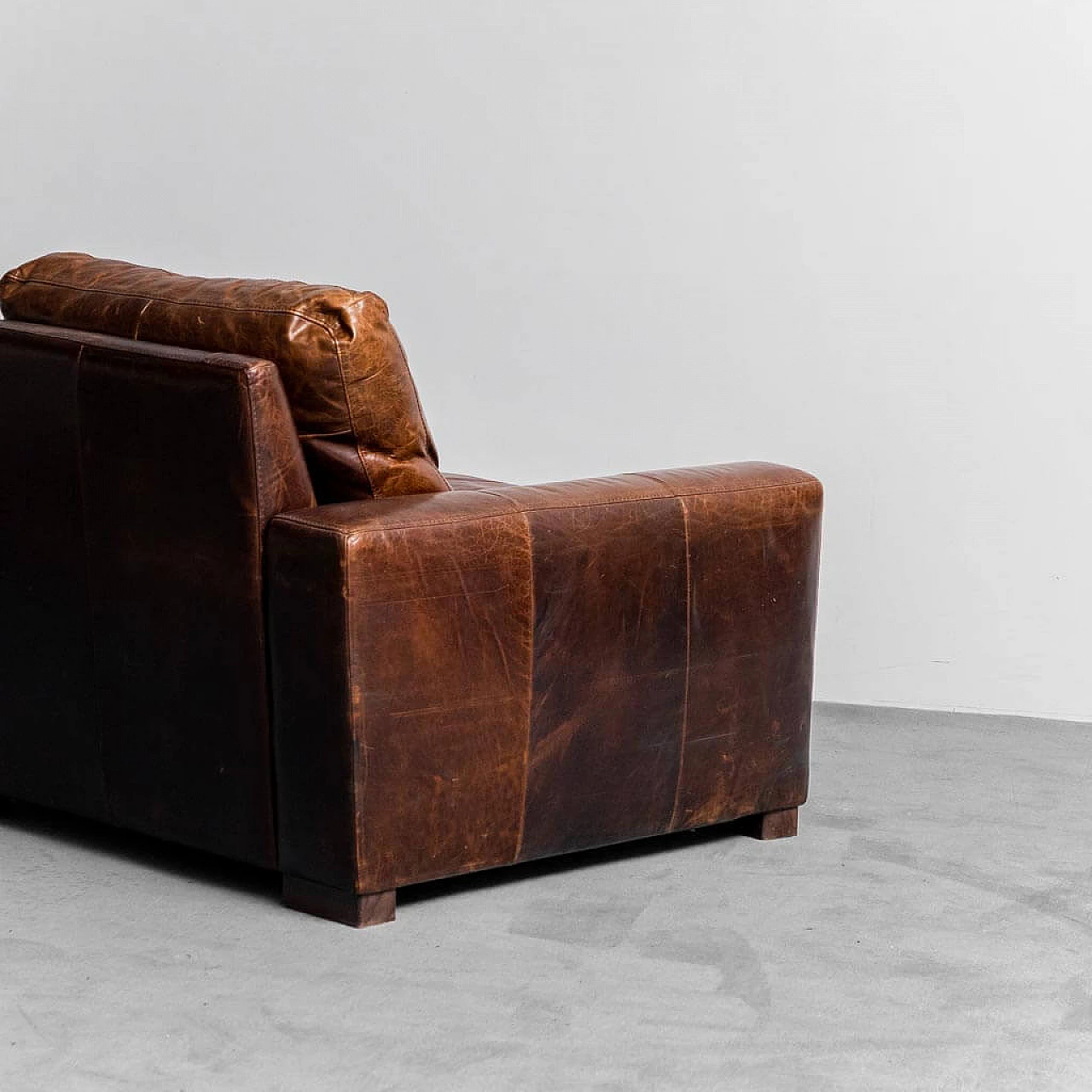 Wood and brown hide armchair, 1990s 2