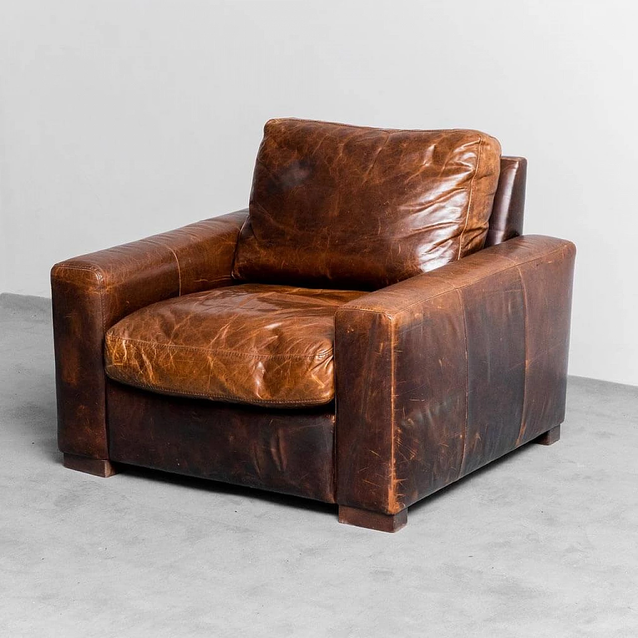 Wood and brown hide armchair, 1990s 3