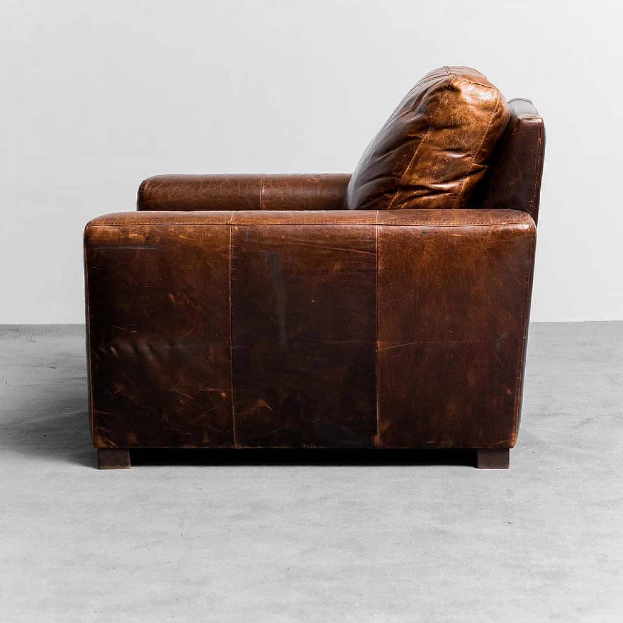 Wood and brown hide armchair, 1990s 5